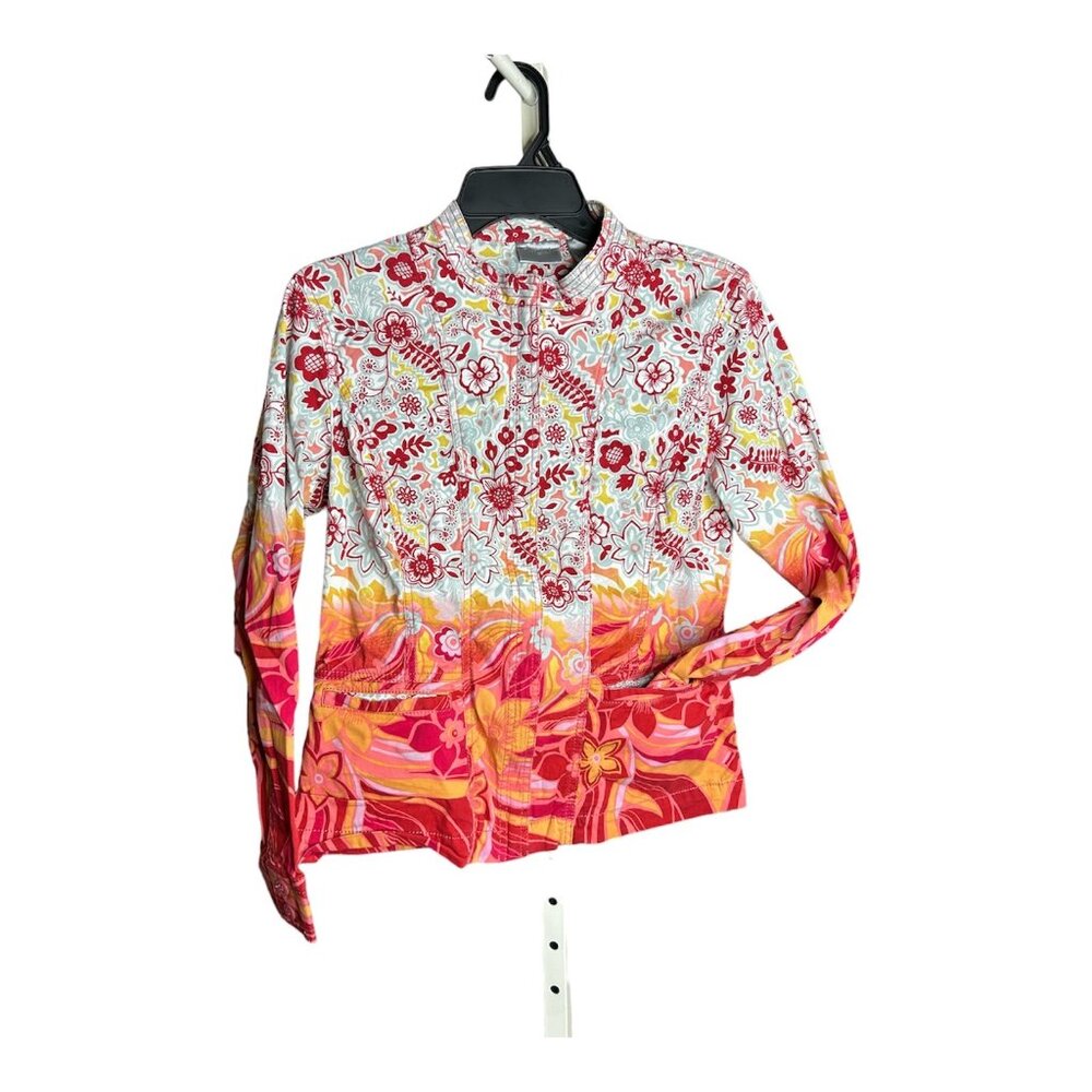 Chicos Floral Full Zip Light Jacket Size 1 Vibrant Paisley Ombre Pink Red